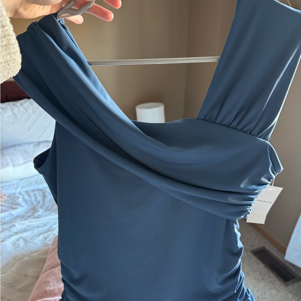 Elegant Blue Women's Draped One-Shoulder shirt